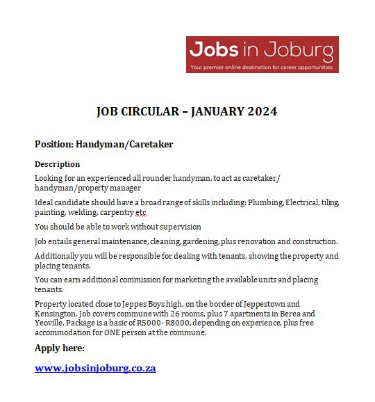 Jobsinjoburg1's tweet photo. 📷JOB CIRCULAR 📷

HANDYMAN/CARETAKER NEEDED

📷Apply here: https://t.co/saXtMploEd

#MatricResults2023 #jobseekers #jobsearch #jobsinjoburg https://t.co/FtNMnwMEe7