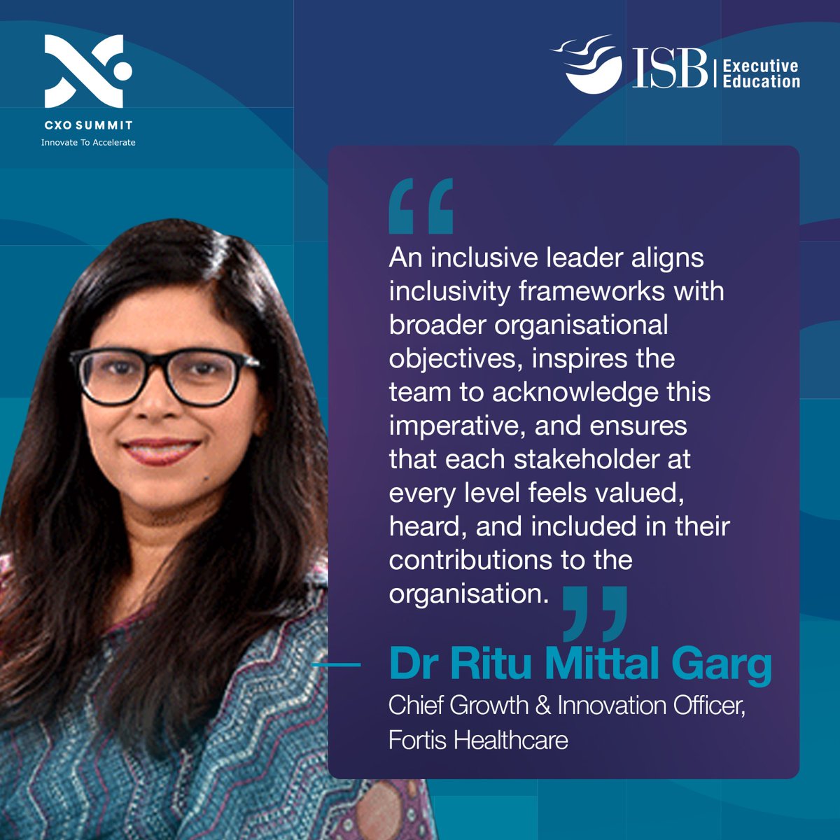 ISB_CEE's tweet photo. Dr Ritu Mittal Garg, Chief Growth &amp; Innovation Officer, Fortis Healthcare, addresses the audience during the fireside chat 'Why Inclusive Leadership is Essential for Innovation ' at #CXOSummit.

#ISBExecEdCXOSummit #ISBExecEd https://t.co/clRBYMfxV4
