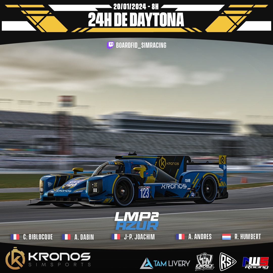 [Special Event - 24h Daytona]
Samedi 20/01 à 8h

-GTP-

Silver💿: R. ROURE / R. FRAGNOL / N. POUCET / F. DUVAL / M. PADOVANI

-LMP2-

Azur🌊: A. ANDRES / A. DABIN / C. BIBLOCQUE / JP. JOACHIM / R. HUMBERT

<a href="/TamLivery/">Tam Livery</a> <a href="/Dino_Picture/">Dino Picture</a> <a href="/nws_racing/">NWSRacing</a> <a href="/RaceStartTV/">RaceStart.tv</a>