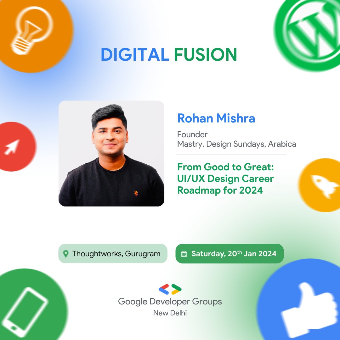 gdg_nd's tweet image. 🚀 Join us this Saturday at #GDGNewDelhi&apos;s #DesignFusion! 

@iamrohanmishra, Founder of Arabica and Design Sundays, will share a UI/UX Design Career Roadmap for 2024. 
Take your design career from good to great! 

Don&apos;t miss it! 🌐