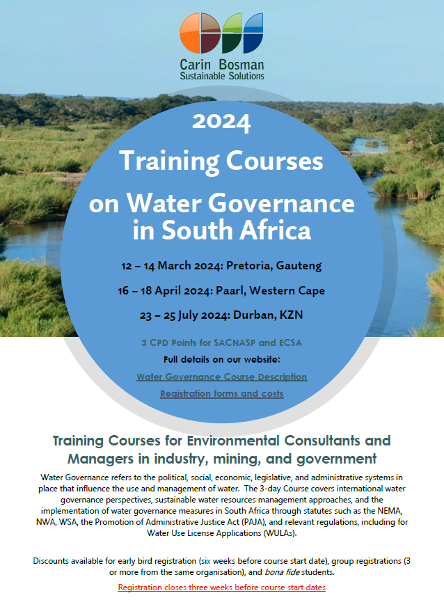Unlock the power of Water Governance with our 3-day Training Course and Earn 3 CPD Points for SACNASP and ECSA.

Visit our website for full details on the course, registration forms, and costs at cbss.co.za

<a href="/watershare/">Carin Bosman, Antifascist 🏳️‍🌈🏳️‍⚧️🇺🇦🇯🇴🇿🇦</a>

#WaterGovernance #EnvironmentalTraining