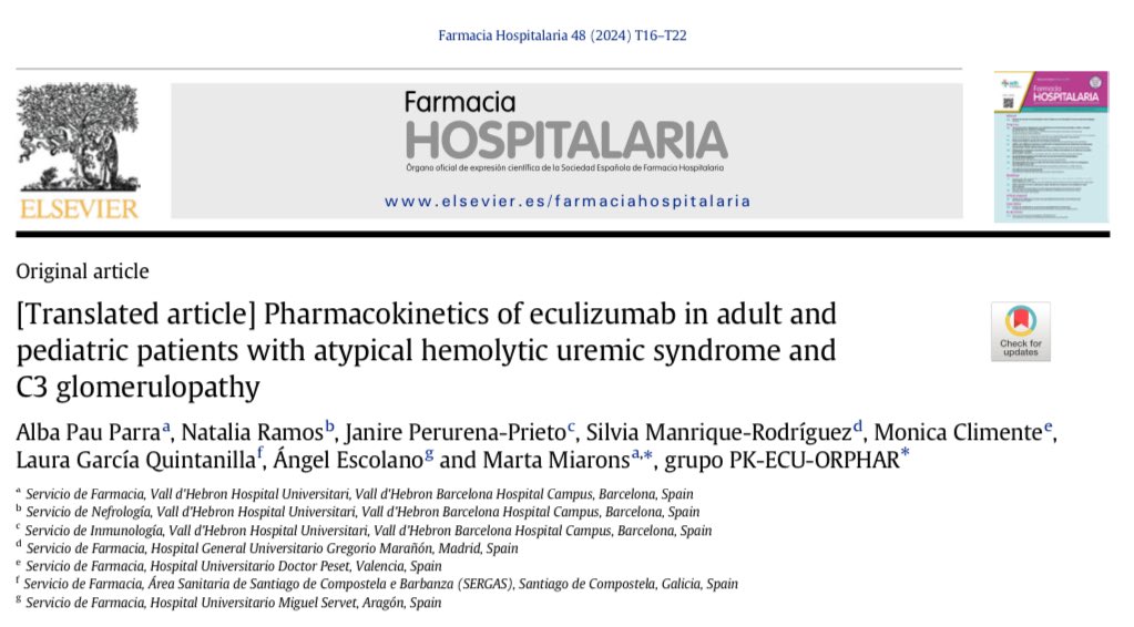 🩸#Pharmacokinetics of #eculizumab in adult and pediatric patients with atypical hemolytic uremic syndrome and C3 glomerulopathy.

📎 revistafarmaciahospitalaria.es//en-translated…