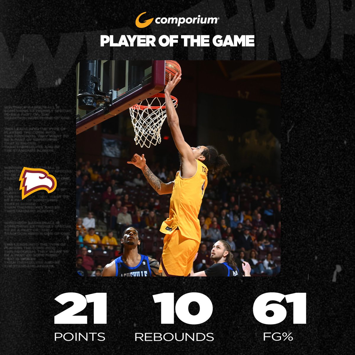 Winthrop_MBB's tweet photo. With his first double double of the season, Kelton Talford is your @comporium Player of the Game!

#ROCKTHEHILL | #BigSouthMBB https://t.co/oFxRLa1MW5