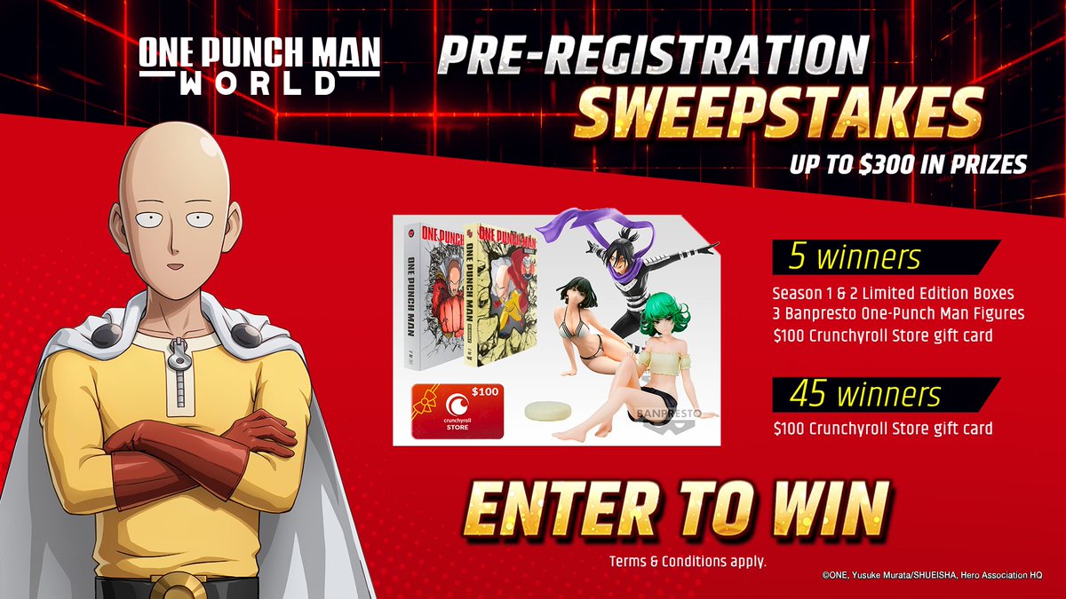 We are so close to launch, Heroes! To celebrate, we are giving away a One Punch Man World themed prize box to 5 lucky winners! Please check out our Gleam link for all details! 🔥 Enter here: got.cr/opmw-preregswe…