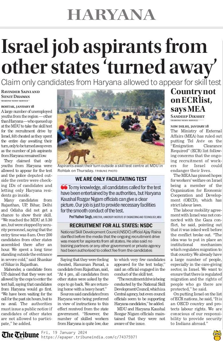 rsainiscribe's tweet image. Israel job aspirants from other states ‘turned away’
#ConstructionWorkers #RecruitmentDrive #SkillTest #JobsInIsrael #MDU #Rohtak #Haryana #TheTribune