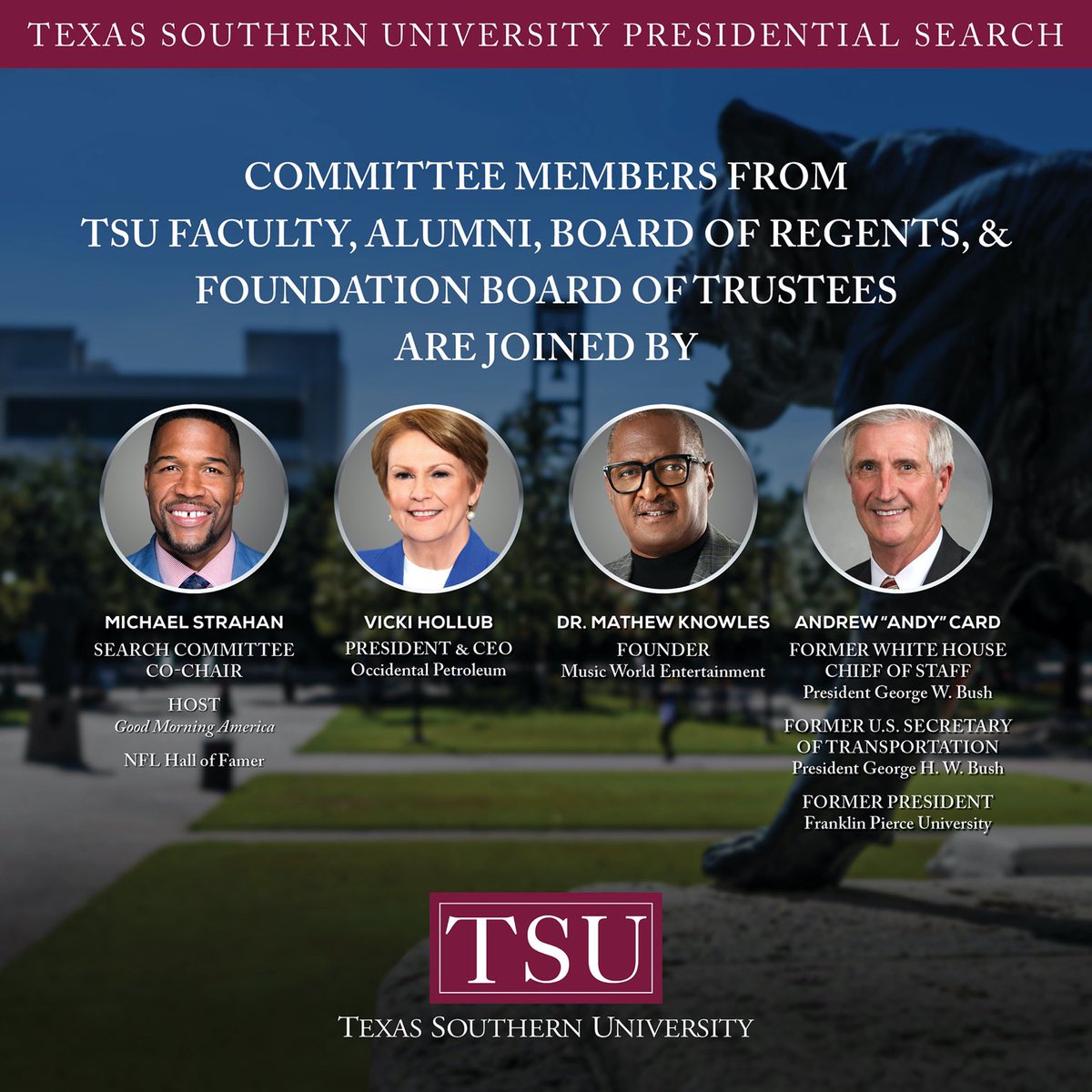 The Texas Southern University Board of Regents Chairman Brandon L. Simmons has announced the appointment of search committee members who will advise the regents on selecting the University’s next president. Read more about the full search committee here: tsu.edu/news/2024/01/t…