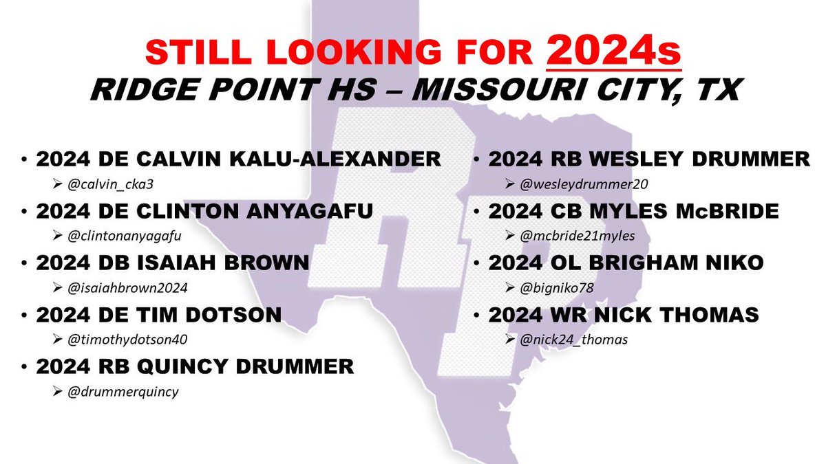Still looking for 2024s🏈
Head over to….
Ridge Point HS
500 Waters Lake Blvd
Missouri City, TX