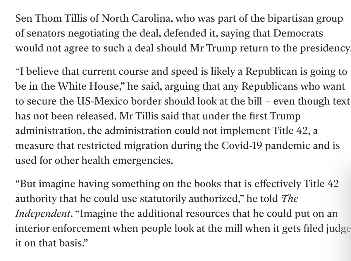 Something that got lost in Trump tanking the Ukraine-immigration deal: Thom Tillis basically revealed to me that he thinks Trump is going to win and Republicans getting Democrats to concede on immigration is about giving Trump new powers. independent.co.uk/voices/trump-u…