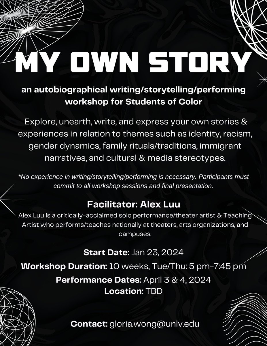 UNLV_MSISC's tweet image. ✨✨ The app deadline for the @unlv My Own Story program has been EXTENDED until January 25, 2024! ✨✨

My Own Story is an autobiographical writing/storytelling/performing workshop for students of color 
*no experience necessary*

(sponsored by the @UNLV_MSISC and @unlv_iges)