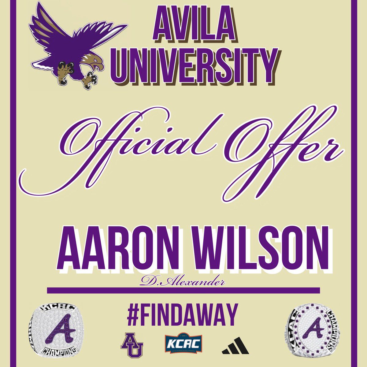 Aaron Wilson (@bigbird_26) on Twitter photo After a great conversation with <a href="/TheCoachCoty/">D.Coty</a> I’m proud to announce I’ve received an official offer to play at Avila University
<a href="/OwlFootball_/">Foothill College Football</a> <a href="/RaivioMatt/">Coach Rav</a> <a href="/BrandonYounger/">Brandon Younger</a> <a href="/kennycoleman81/">Coach Coleman</a>
<a href="/CoachBeachner/">Bret Beachner</a> <a href="/CoachDA82/">Derrick Alexander</a> After a great conversation with <a href="/TheCoachCoty/">D.Coty</a> I’m proud to announce I’ve received an official offer to play at Avila University
<a href="/OwlFootball_/">Foothill College Football</a> <a href="/RaivioMatt/">Coach Rav</a> <a href="/BrandonYounger/">Brandon Younger</a> <a href="/kennycoleman81/">Coach Coleman</a>
<a href="/CoachBeachner/">Bret Beachner</a> <a href="/CoachDA82/">Derrick Alexander</a>