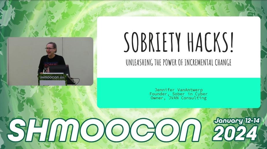 THANK YOU @shmoocon @heidishmoo @gdead for giving me the unforgettable opportunity to speak about #sobriety @ #ShmooCon!!

I was so excited about the time travel theme that I kept speaking about the NEXT slide instead of the one on the screen. Doh! But the message got through. 💜