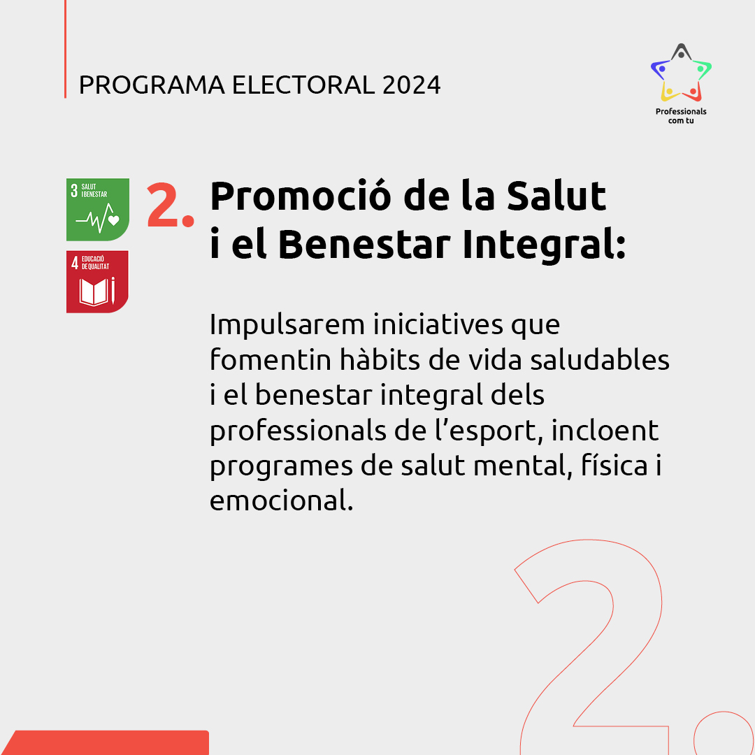 📢 Comencem a desgranar el programa electoral!

1️⃣ Exel.lència en Formació i Desenvolupament Professional. 
2️⃣ Promoció per a la Salut i el Benestar Integral.
🔍 Estigues atent per conèixer més punts i membres de la candidatura.
#ProfessionalsComTu #COPLEFC2024  🗳️💪✨