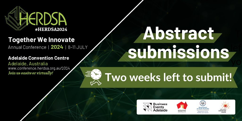 There is two weeks left to submit your abstracts for #HERDSA2024! For information and to submit your abstract visit conference.herdsa.org.au/2024/ #highereducation #research #highered #RandD #Teaching #learning #students #academicpractices #governance@BizEventsAdl @AdelaideCC