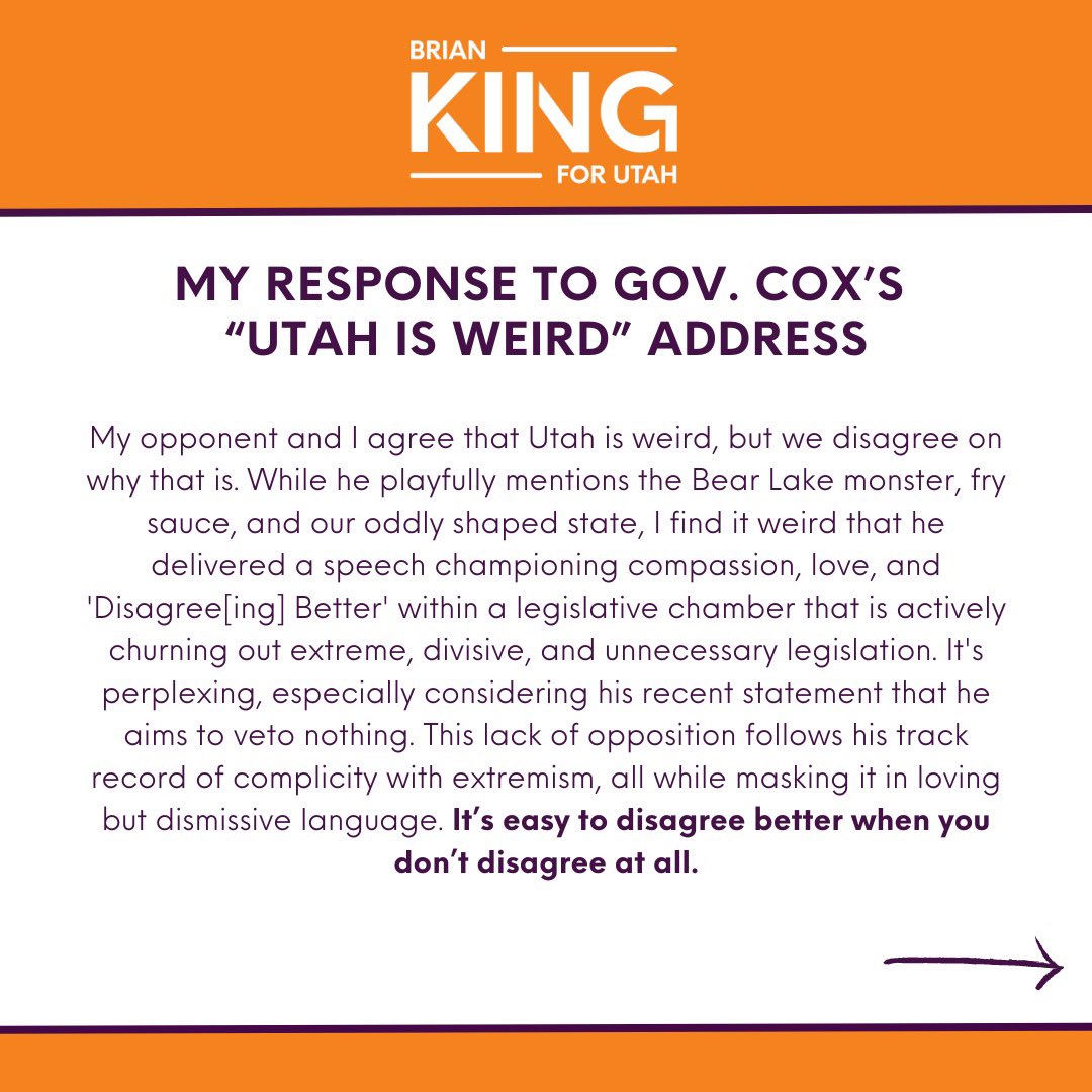 KingForUtah's tweet photo. Tonight Gov. Cox delivered his State of the State response. I have some thoughts…

#KingforUtah #ForTheBetter https://t.co/0vBcDmAzy2