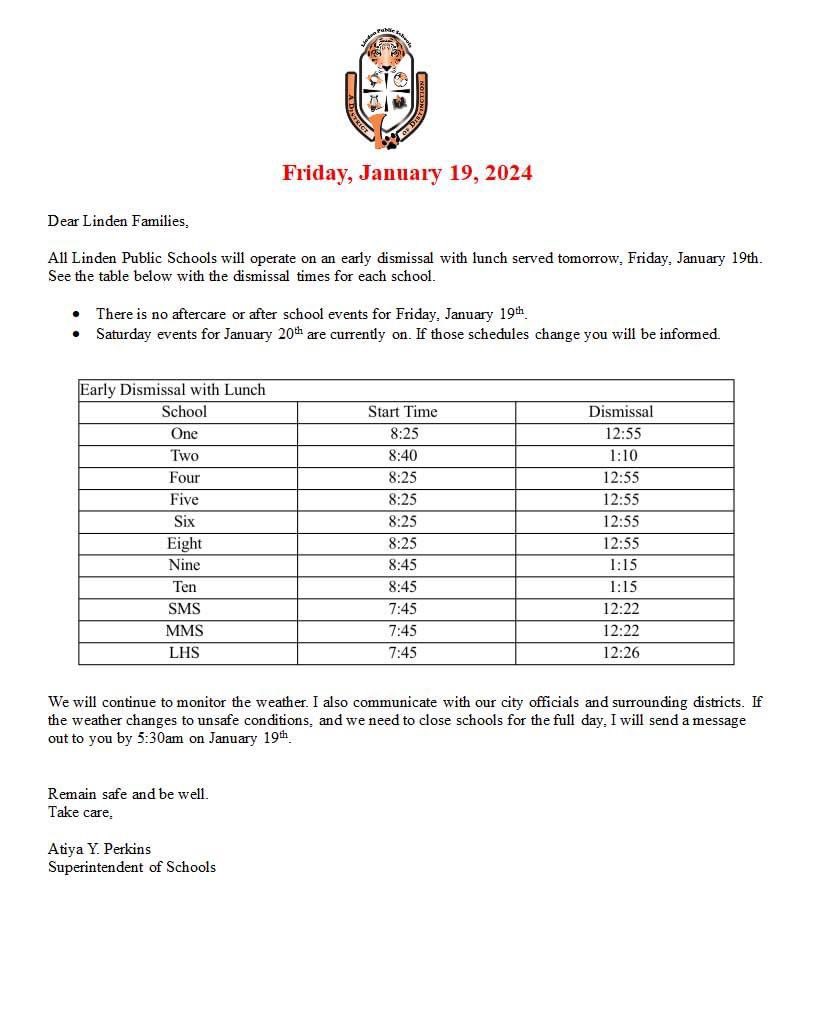 School No. 2 will have an early dismissal on Friday, January 19, 2024. Students will be dismissed at 1:10. #snow #staysafe