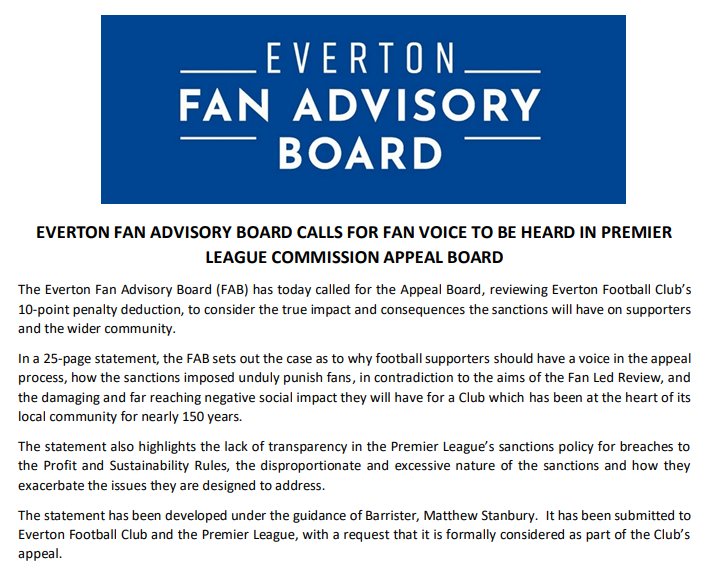 We have developed a statement under the guidance of barrister, @thepubliclawyer. It has been submitted to @Everton and the @PremierLeague, with a request that it is formally considered as part of the Club’s appeal. Full details on FAB website: efc-fanadvisoryboard.com/2024/01/19/fab… Please RT🙏