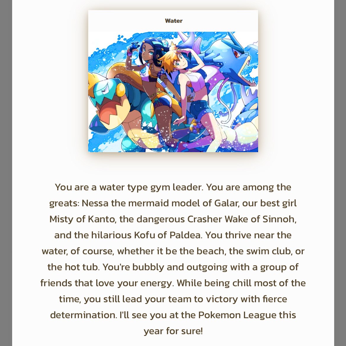 spragels's tweet photo. you + the type of Pokemon gym leader you'd be https://t.co/s4sX25GYf9