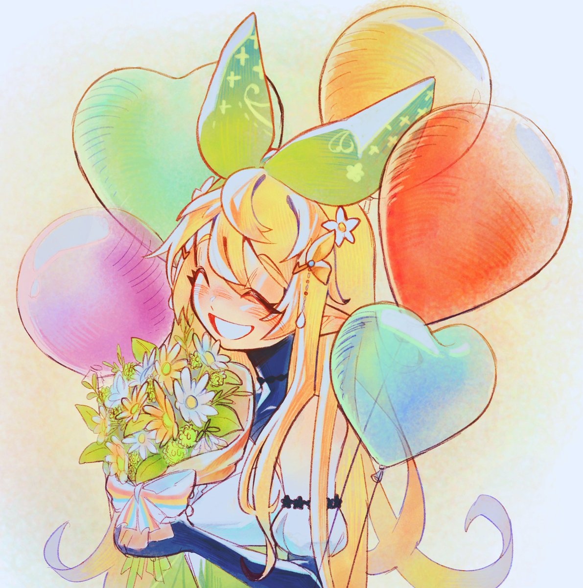 pomu rainpuff 1girl flower blonde hair solo smile pointy ears balloon  illustration images