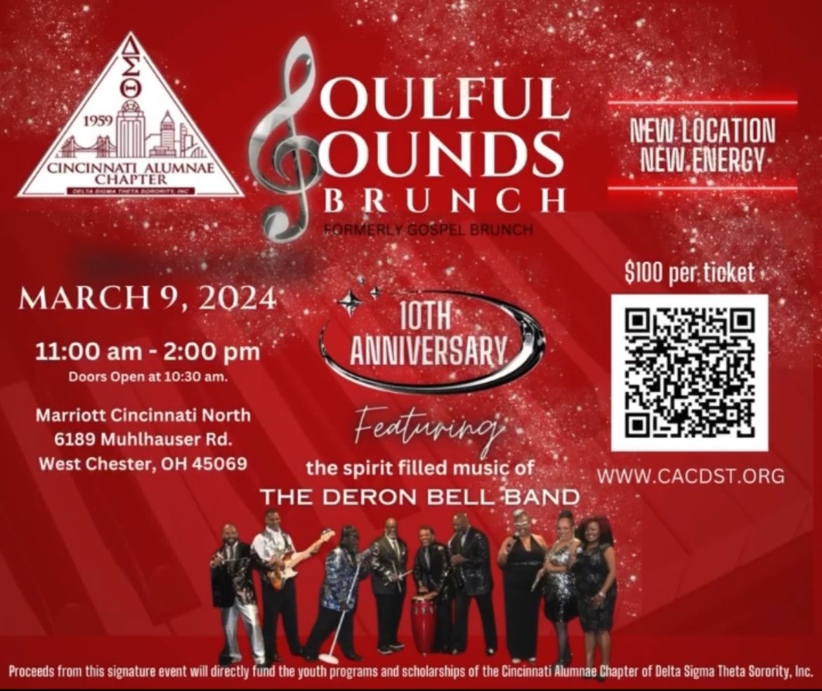 Get ready to get your praise on!! The Cincinnati Alumnae Chapter of Delta Sigma Theta Sorority, Inc. is gearing up for its 10th Anniversary Fundraising Brunch.  The Soulful Sounds Brunch (formerly the Gospel Brunch) will be amazing featuring the Deron Bell Band.