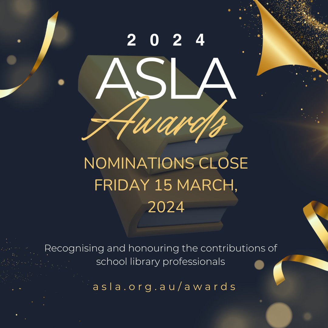Nominations are now open for ASLA's 2024 awards: The Early Career Teacher Librarian Award and the Library Advocate Award. More information at asla.org.au/awards. Let's be loud and proud about the amazing work done by library professionals.