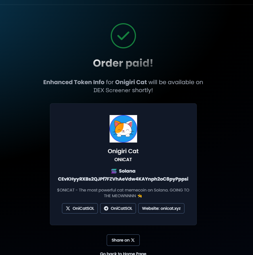 OniCatSOL's tweet photo. Paid for dexscreener. #SOLANA #ONICAT https://t.co/JTEctjidym