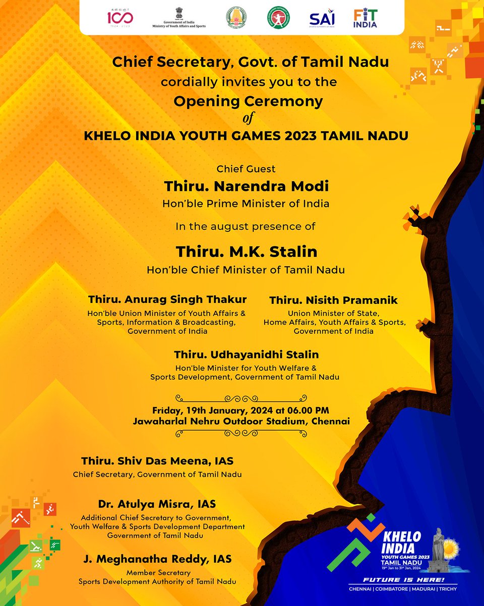 Kicking off with a grand opening ceremony, Khelo Youth India Games 2023 in Tamil Nadu officially begins today! 🔥 Get ready for a spectacular journey! 😍

<a href="/CMOTamilnadu/">CMOTamilNadu</a>  <a href="/Udhaystalin/">Udhay - தமிழ்நாட்டை தலைகுனிய விடமாட்டேன்</a>  <a href="/TNDIPRNEWS/">TN DIPR</a>  <a href="/kheloindia/">Khelo India</a>

#FutureIsHere #SportsTN #KheloIndiaYouthGamesTN #KIYG2023TN