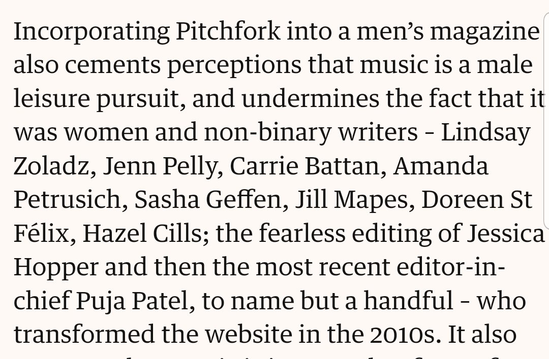 bwsullivan's tweet photo. "Sure, we don’t know what Pitchfork x GQ will look like yet, but there’s a clear clash in values between an outlet that prioritises criticism and one that revolves around access to celebrities." https://t.co/BdpXZ3LaeX