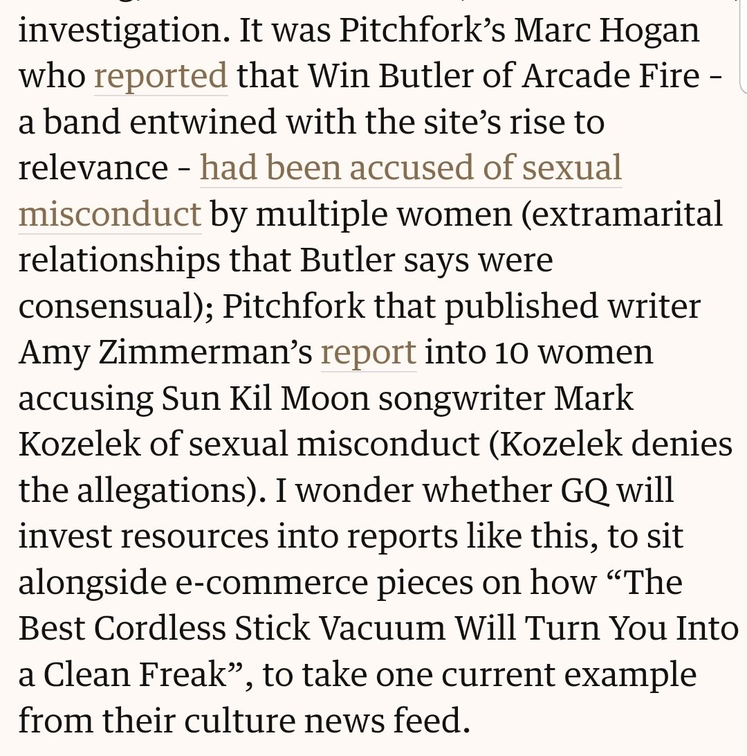 bwsullivan's tweet photo. "Sure, we don’t know what Pitchfork x GQ will look like yet, but there’s a clear clash in values between an outlet that prioritises criticism and one that revolves around access to celebrities." https://t.co/BdpXZ3LaeX