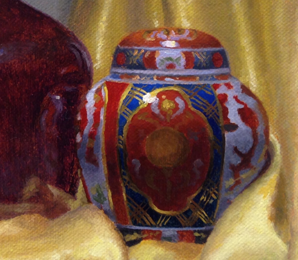 An elaborate ginger jar from a larger painting.

#art #painting #stilllife #gingerjar