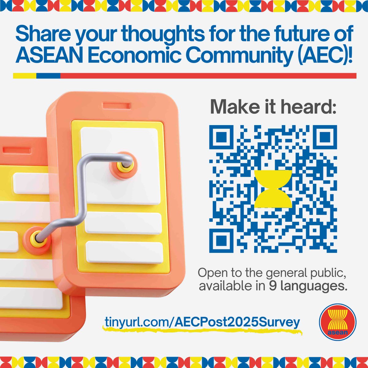 Shaping the future of #ASEANEconomicCommunity is a collective effort, and your voice matters! Join us in marking the path ahead! 📝 Share your vision for the AEC: tinyurl.com/AECPost2025Sur… Together as one Community, let’s ignite change and build a brighter future! 🌏