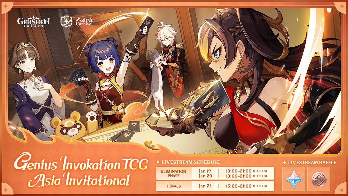 Travelers, the Elimination Phase of the Genius Invokation TCG Asia Invitational is about to commence! Link to Watch: Youtube>>> hoyo.link/8jfgFBAL Twitch>>> hoyo.link/7jfgFEAL #GenshinImpact