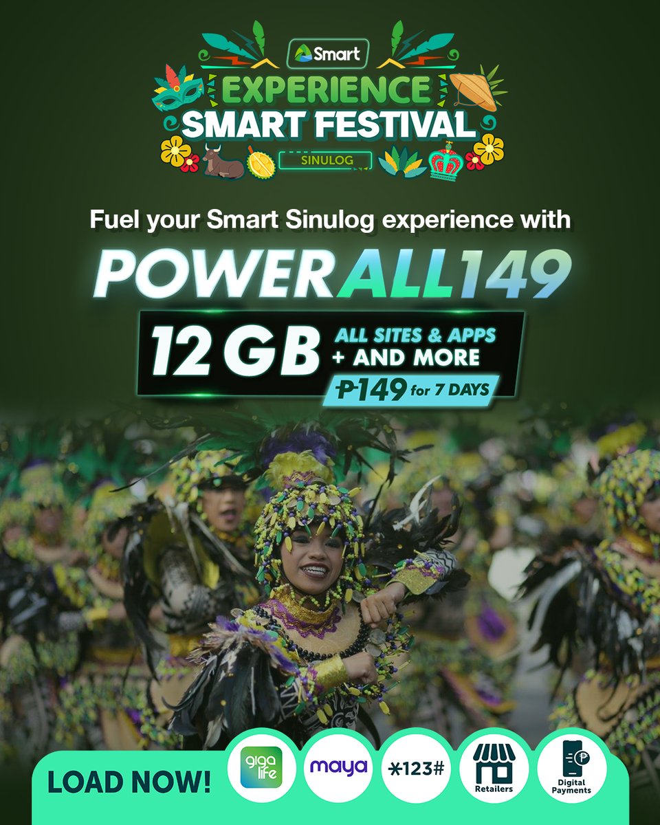 Stay charged and fully connected at the Sinulog Festival with Power All 149! 🎉 Unleash epic celebrations, capture every moment, and keep the fiesta vibes alive. Don't miss out and grab your Power All 149 now today. Load now: smrt.ph/twpa149 #SmartSinulog