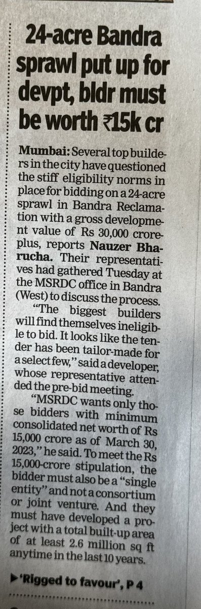 A 24 acre Bandra plot up for bid for development. Conditional to: - A builder with minimum consolidated net worth of 15K crore - the builder has to be single entity not a joint venture or consortium. Any guesses who could it be? 'The biggest builders will find themselves…