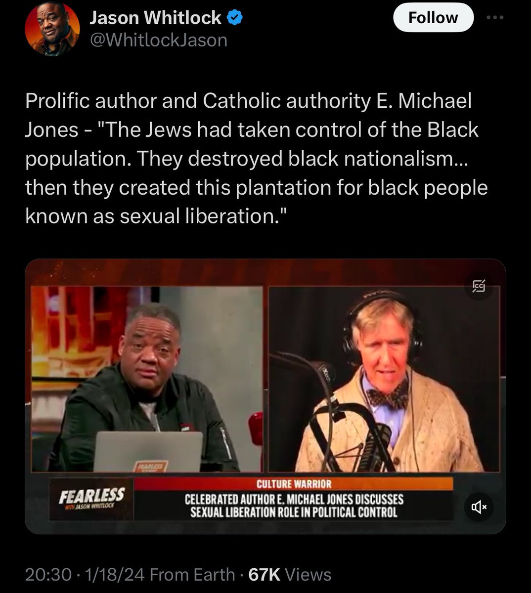 Jason Whitlock, who hosts a podcast for Glenn Beck’s media outlet The Blaze, hosted a notorious antisemite on his program, calling the guy a “prolific author and Catholic authority.” This is how hate gets mainstreamed. It’s the culmination of stuff like this.