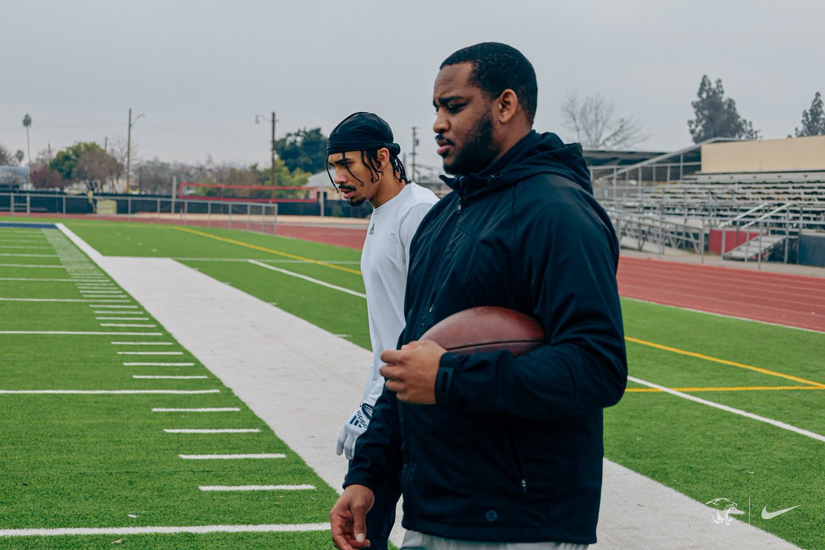 SJMgridiron's tweet photo. It’s always a pleasure to witness the hard work and dedication of SJM legends @alecc_t  and @jalenmcmillan20 as they train alongside SJM WR’s coach Brandon Breazell. Their efforts are in full swing as they prepare for Jalen’s upcoming momentous @nfl combine day
#MemorialMen https://t.co/rBV9M8Gy05