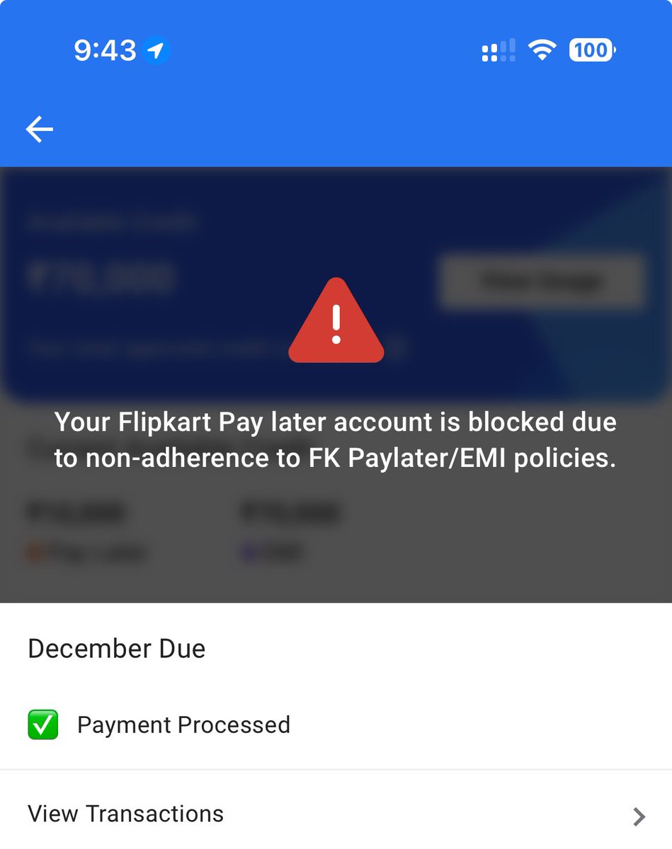 Now it happened with <a href="/flipkartsupport/">FlipkartSupport</a> Pay Later, <a href="/Flipkart/">Flipkart</a> has blocked my account due to non-adherence of EMI policies.

Whereas my all payments were on time and the full amount was in my account. WTF.

Things are getting strange these days.