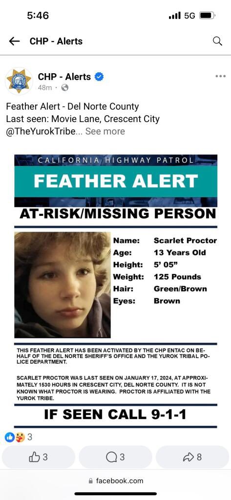 AsmPilarSchiavo's tweet image. FEATHER ALERT: Missing teen. Please repost far and wide and help Scarelt reunite with her family. 
#FeatherAlert @CHPAlerts @TheYurokTribe