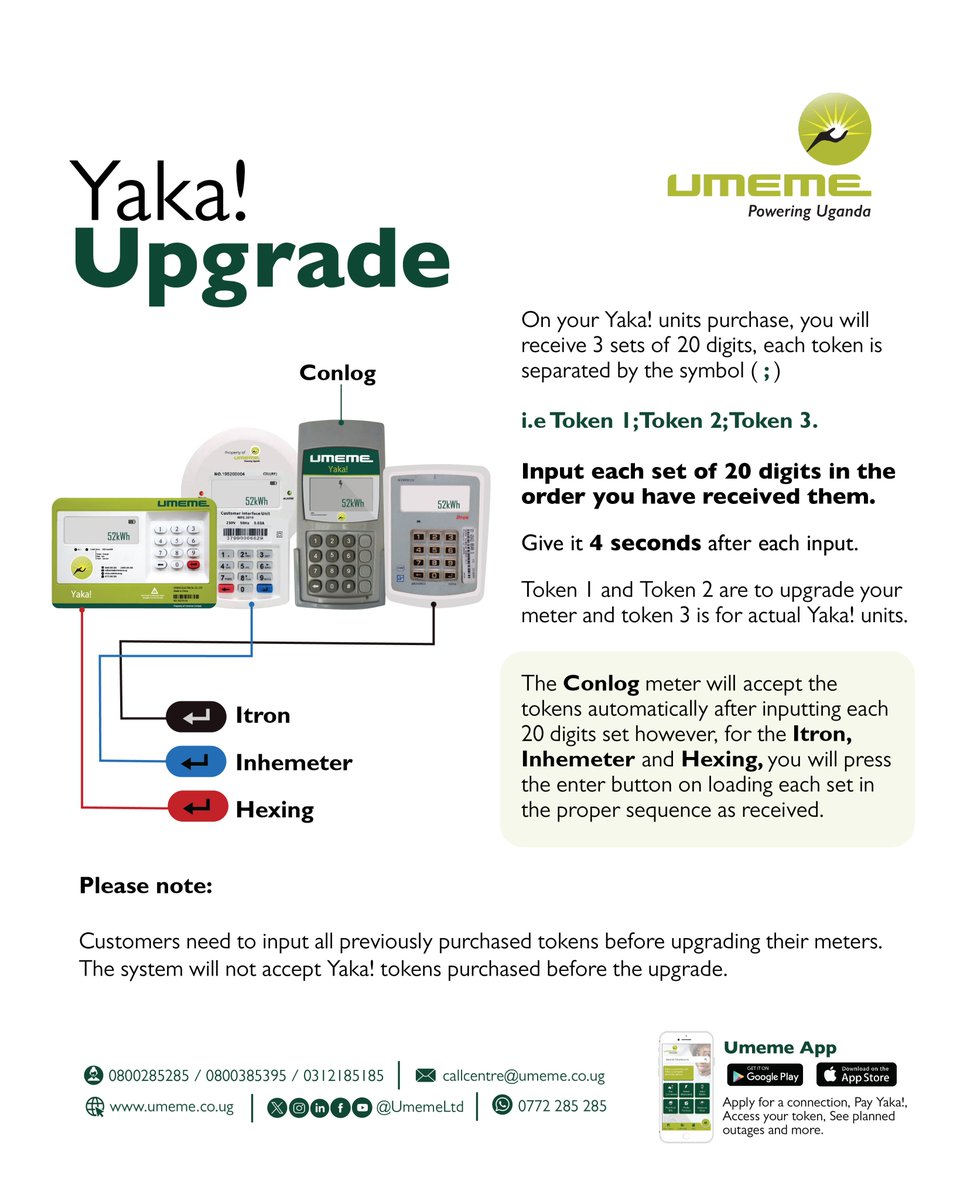 Yaka Upgrade! ............................. Please note: Customers need to input all previously purchased tokens before upgrading their meters. #UmemeAtService #PoweringUganda