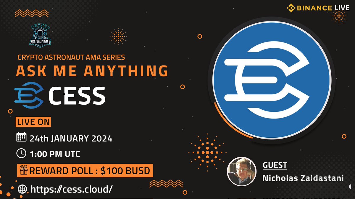 CryptoAs_TW's tweet photo. We're thrilled to announce our next #AMA with  "CESS"on 24th,January,2024 at 1:00 PM UTC 

🔶 𝗕𝗜𝗡𝗔𝗡𝗖𝗘 𝗟𝗜𝗩𝗘 🔶

🏠Venue: https://t.co/44RXJ0VbrP

🎁 Reward Pool: $100 BUSD

🔰Rules
Follow @CryptoAs_TW &amp; @CESS_Storage

💠 Comment &amp; Like,Retweet &amp; Follow https://t.co/C5v5VlKN35