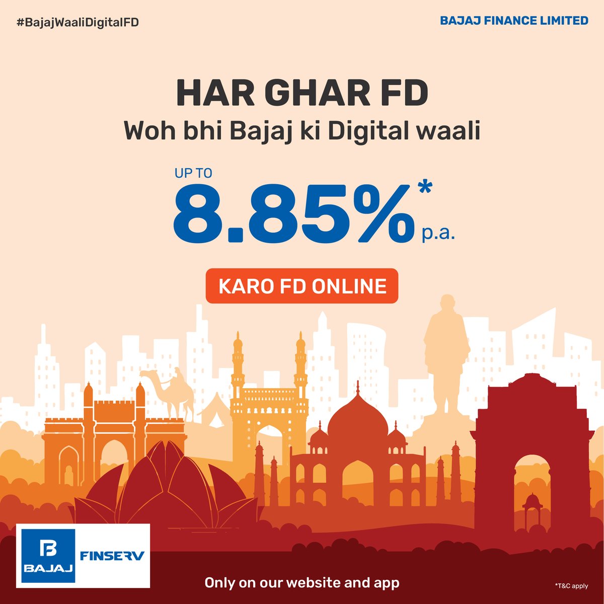 Jab returns ho itne jyada, tab har ghar Bajaj Ki Digital Waali FD ko chunega! Online sirf 8.85% p.a.* senior citizens ke liye, aur 8.60% p.a.* baaki sab ke liye, 42 months ke tenure pe.

Aaj hi visit karein humare website ya app ko: bit.ly/BajajWaaliDigi…