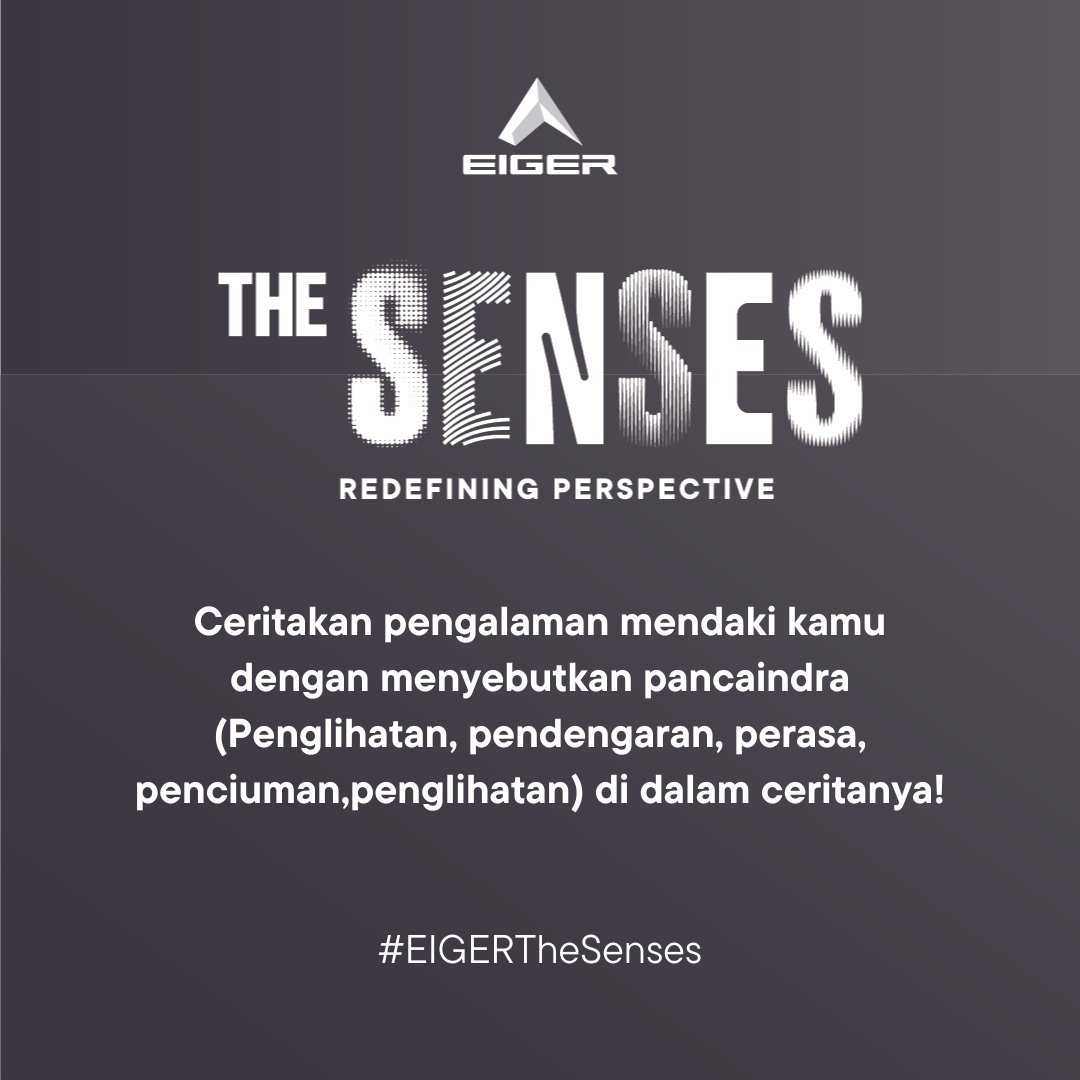 Yuk Eigerian, ikutan #EIGERGiveaway dengan hadian EIGER Escapade 25 untuk 1 orang pemenang!

Caranya :
Follow Twitter <a href="/eigeradventure/">EIGER</a> 
Like dan Retweet postingan ini
Ceritakan pengalaman kamu di reply + #EIGERThesenses

Yuk, ceritakan pengalaman menarik kamu!

Diundi 22/01/24