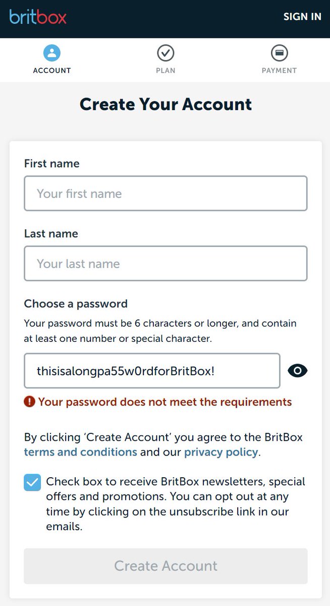 techtolove's tweet photo. hey @BritBox_AUS  - it would be very helpful if you included somewhere in your account signup journey that a requirement is that passwords be 20 characters or less.  Finally found it in your code, but it would make life easier if it was presented in the UI. https://t.co/QNkIHWw3a2