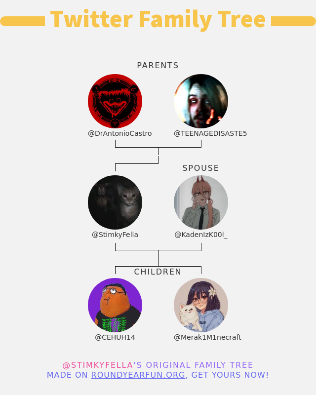 StimkyFella's tweet photo. 👨‍👩‍👧‍👦 My Twitter Family:
👫 Parents: @DrAntonioCastro @TEENAGEDISASTE5
👰 Spouse: @KadenIzK00l_
👶 Children: @CEHUH14 @Merak1M1necraft

➡️ https://t.co/0NdGQxF4eS https://t.co/8HzpGWiZEi