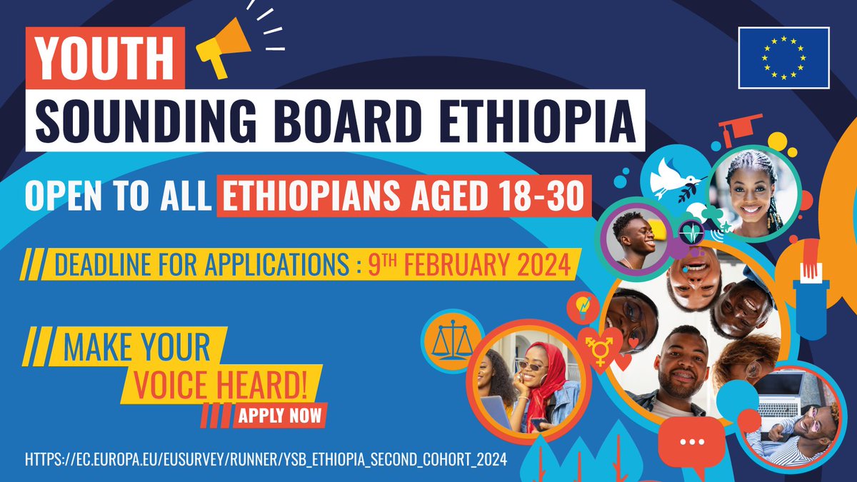 📢 Calling all young Ethiopians!

🇪🇹 We're looking for diverse, passionate individuals interested in:

🎓 education
🌍 climate change
💻 employment
⚖️ human rights

📅 Apply by 9 February 2024 to participate in the <a href="/ysbethiopia/">Youth Sounding Board Ethiopia 🇪🇺🇪🇹</a> ! 

🔗ec.europa.eu/eusurvey/runne…