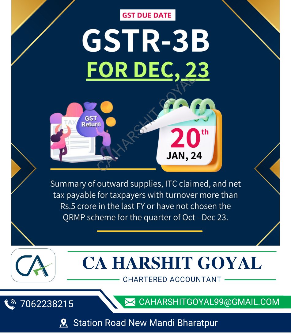 Don't  miss this due date and file it on time to save late fees.
.
.
.
.
 #GSTR3B
#GSTFiling
#TaxCompliance
#GSTReturns
#IndianTaxation
#GSTUpdate
#TaxationIndia
#BusinessCompliance
#TaxationMatters
#GSTPortal