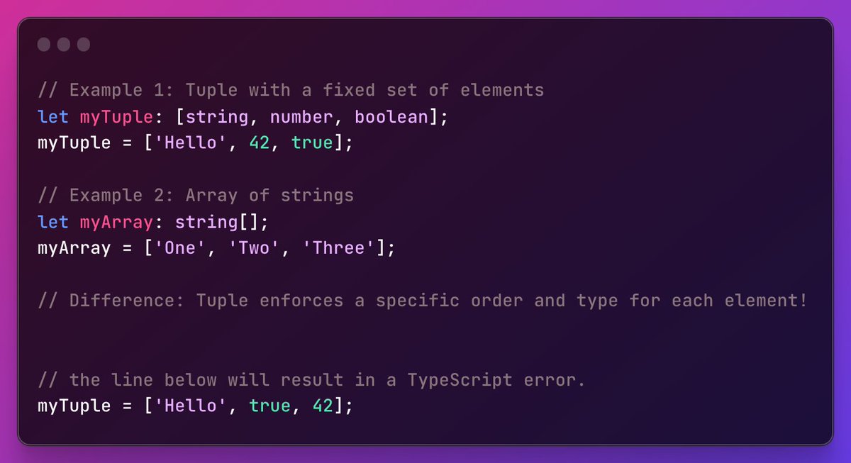 TandanBhaumik's tweet image. 🚀 Exploring #TypeScript Tuples! 🤔 Did you know that [string] is different from string[]?

#TypeScriptTips #WebDevelopment #CodingFun 🖥️💡