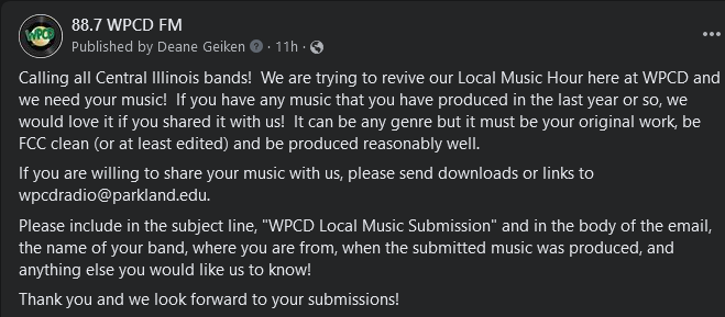 We're taking submissions for local music as we look to re-launch our local music spotlight program. See attached screenshot for information and please share!

CC: <a href="/SmilePolitely/">Smile Politely</a>