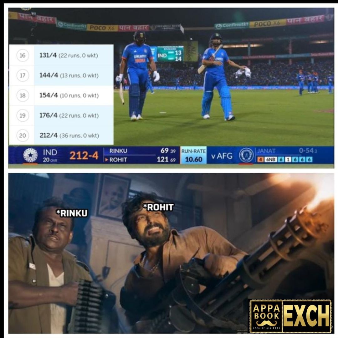appaexch's tweet photo. India scored 103 runs in the last 5 overs - Madness from Rinku and Rohit. 🤯🔥
#Appaexch #cricket #cricketmemes #trending #Memes #RohitSharma #YuvrajSingh #INDvAUS #Brisbane #IndianCricketTeam #viratkholi #RinkuSingh #INDvsAFG https://t.co/Xz6sbqfUME
