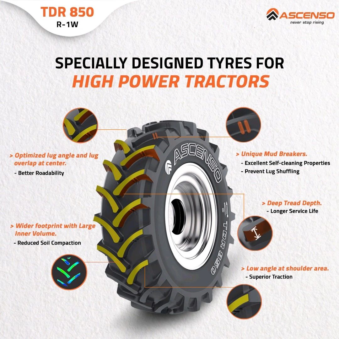 Ascenso Tyres has developed the TDR 850 range which is used in multiple agricultural applications. The TDR 850 is a versatile agricultural tyre that's designed for superior traction and features an innovative tread design & reinforced casing.