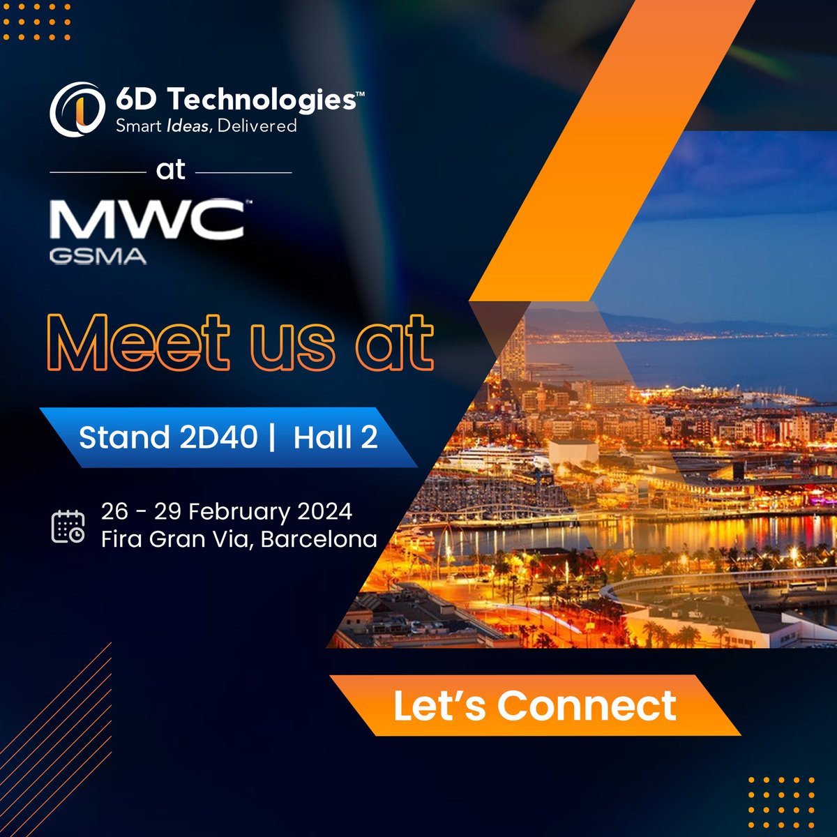 6dtechnology's tweet photo. Join us at the Mobile World Congress 2024 in Barcelona!  Visit our Stand 2D40 in Hall 2 at Fira Gran Via and discover how we're revolutionizing connectivity. See you there! 
https://t.co/GCbyHQnly3
#MWC2024 #TelecomInnovation #6DTechnologies #6DTech https://t.co/E73bpbazzd
